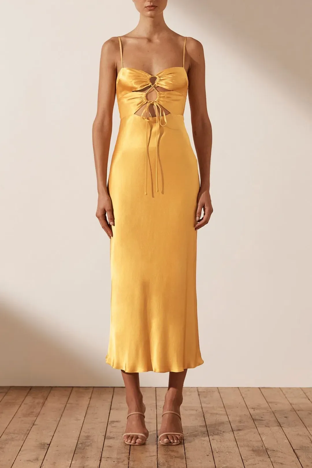 Shona Joy Alma Lace Up Midi Dress in Saffron Yellow Size 8 for rent on The Volte - main image