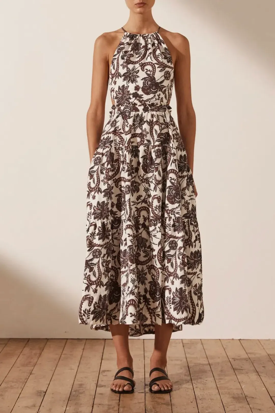 Shona Joy Dahlia Linen Backless Midi Dress Print Size 10 for rent on The Volte - main image
