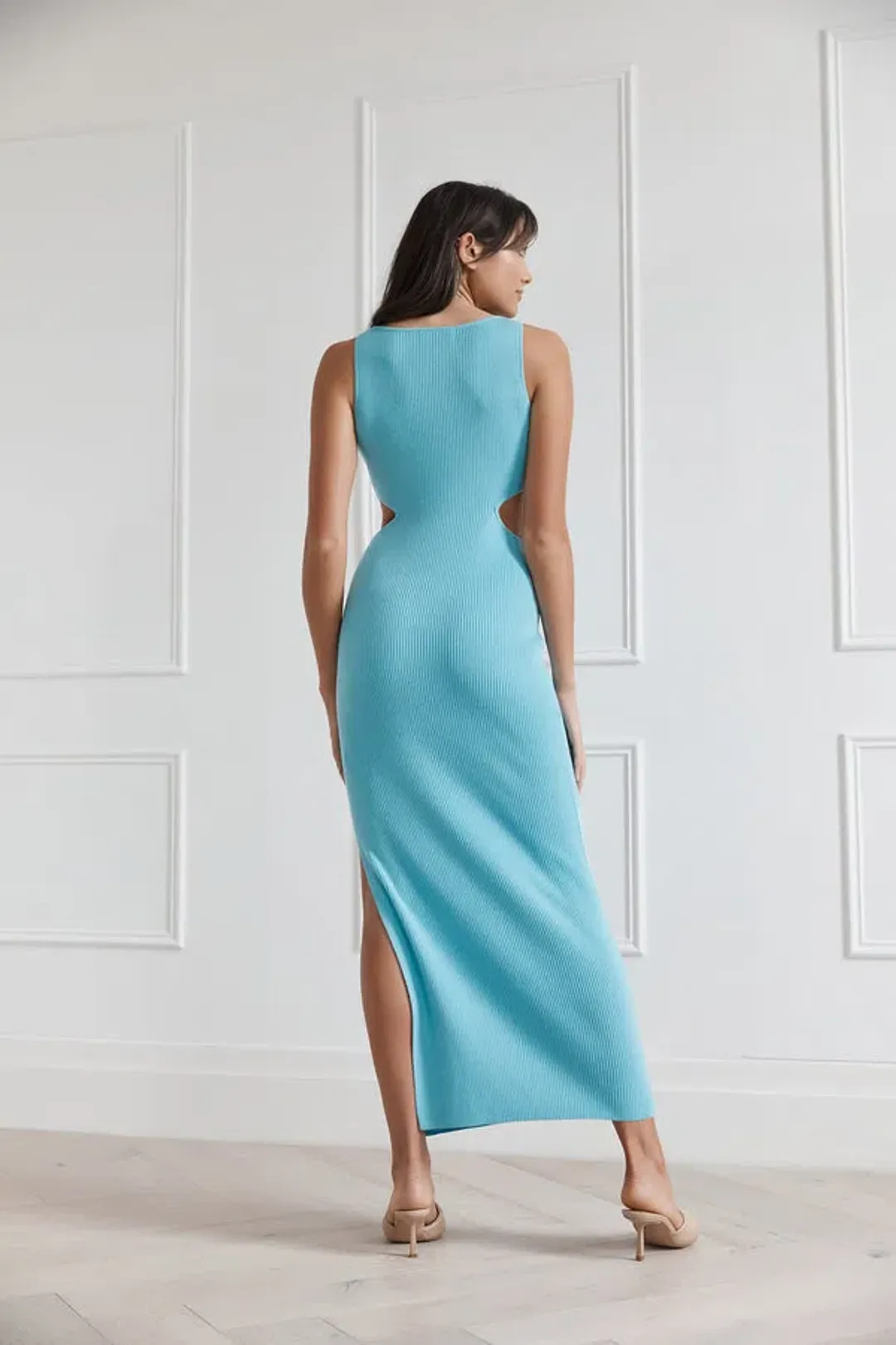 San Sloane Braxton Boat Neck Cut Out Midi Dress Blue Size 8  for rent on The Volte - main image