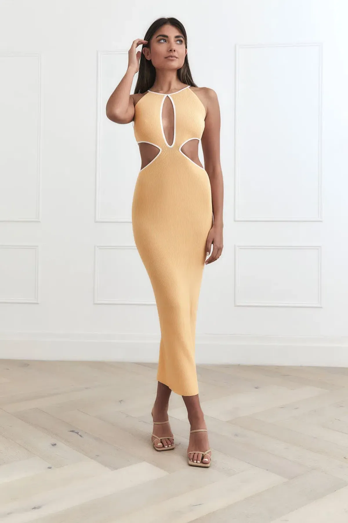San Sloane Adrian Rib Midi Dress Yellow Size 8  for rent on The Volte - main image