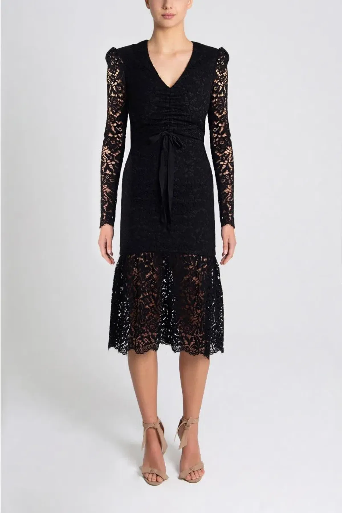 Rebecca Vallance Le Saint Ruched Lace Dress Black Size 6 for rent on The Volte - main image