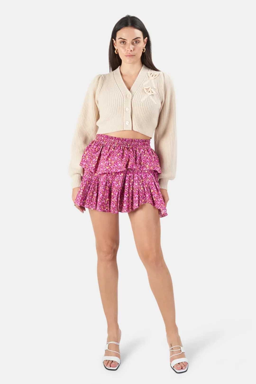 LoveShackFancy Cherry Wine Ruffled Mini Skirt in Purple Print Size 12 for rent on The Volte - main image