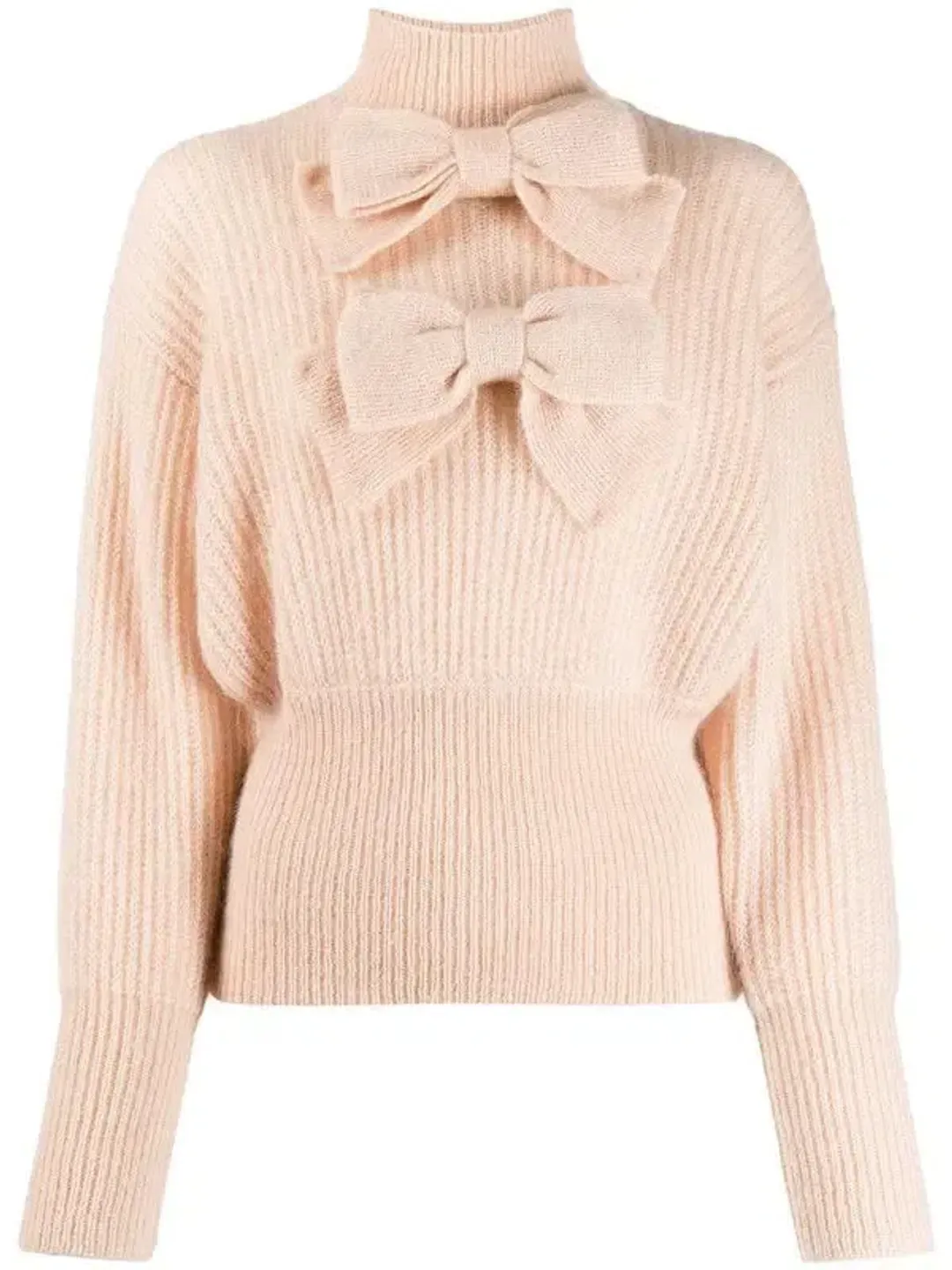 Zimmermann Bow Embellished Ribbed Mohair Blend Turtleneck Sweater Blush Size 0 / AU 8 for rent on The Volte - main image