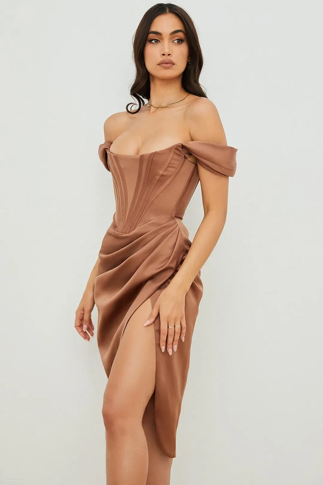 House of CB Loretta Satin Off Shoulder Midi Dress Brown Size XS / Au 6 for rent on The Volte - main image