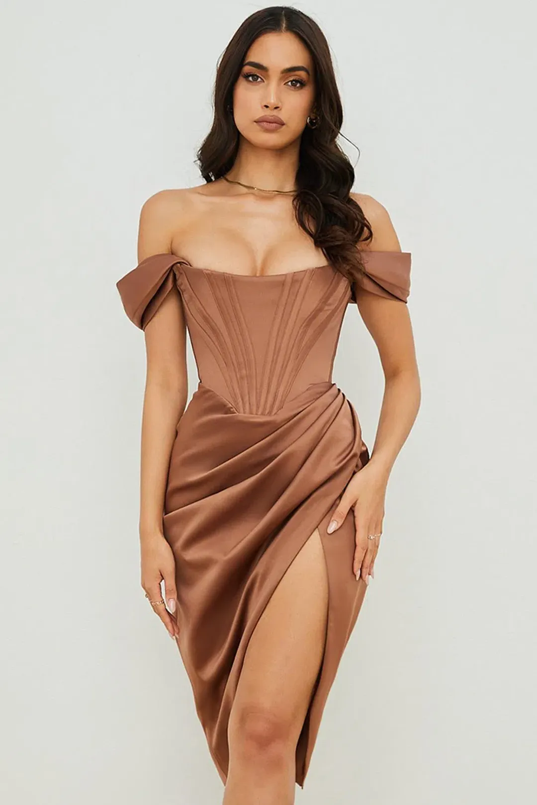 House of CB Loretta Satin Off Shoulder Midi Dress Brown Size XS / Au 6 for rent on The Volte - main image