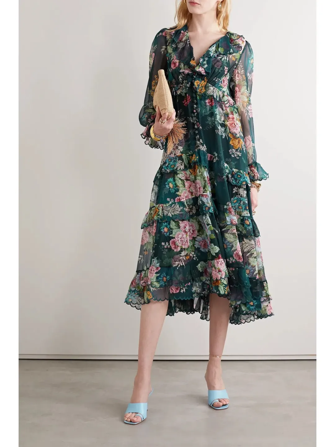 Zimmermann Wavelength Scallop Tiered Silk Chiffon Midi Dress Floral Print Size 0P / AU 6 for rent on The Volte - main image