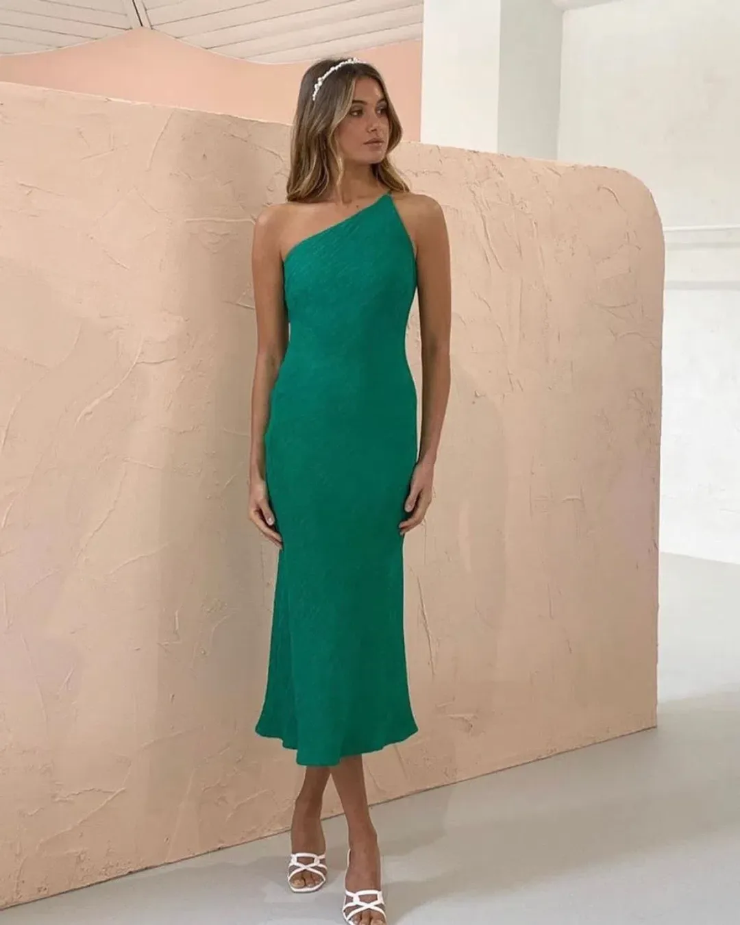 By Johnny Asymmetric Crimp Bias Midi Dress Green Size 12 for rent on The Volte - main image
