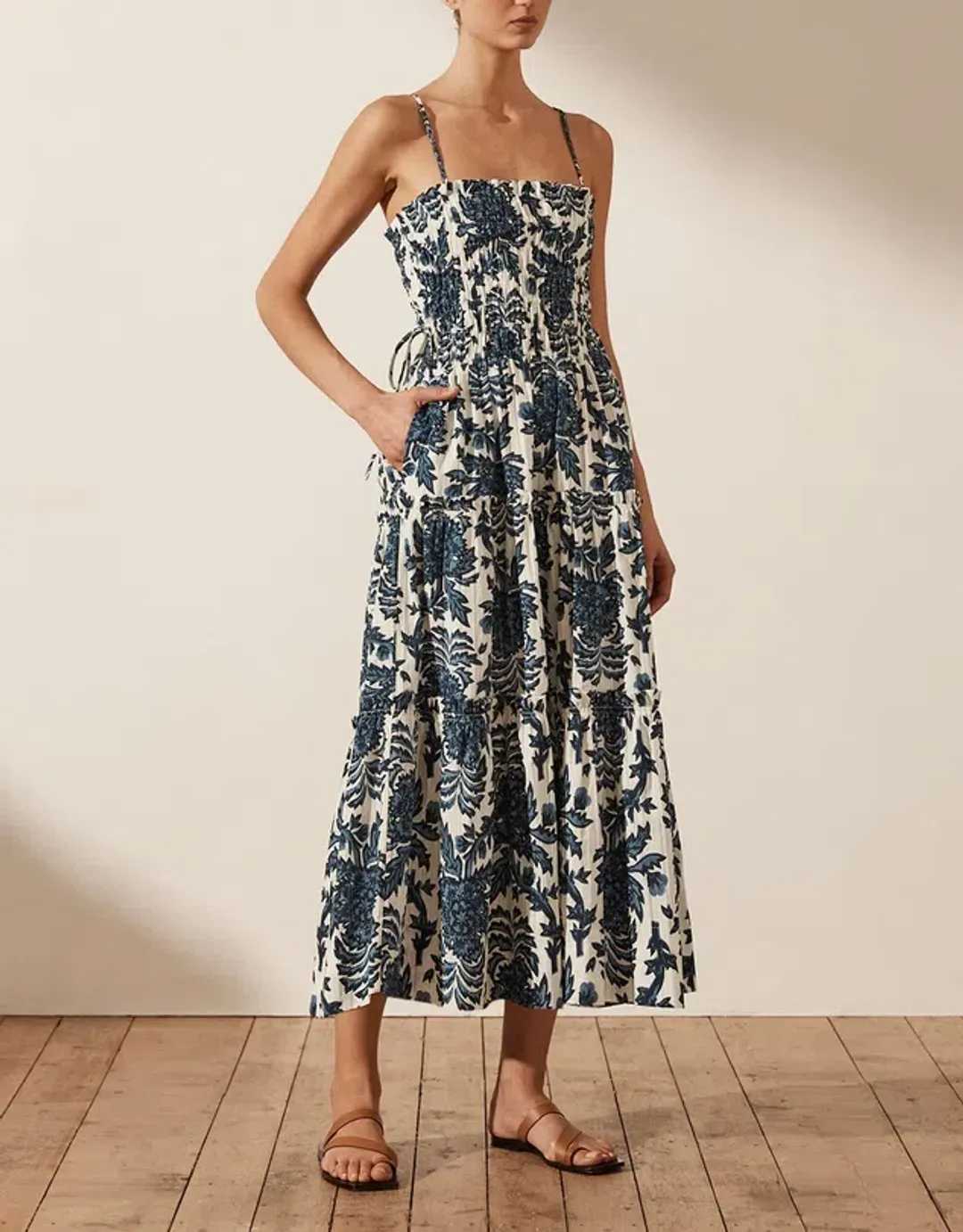 Shona Joy Diana Shirred Tiered Midi Dress Print Size 8 for rent on The Volte - main image