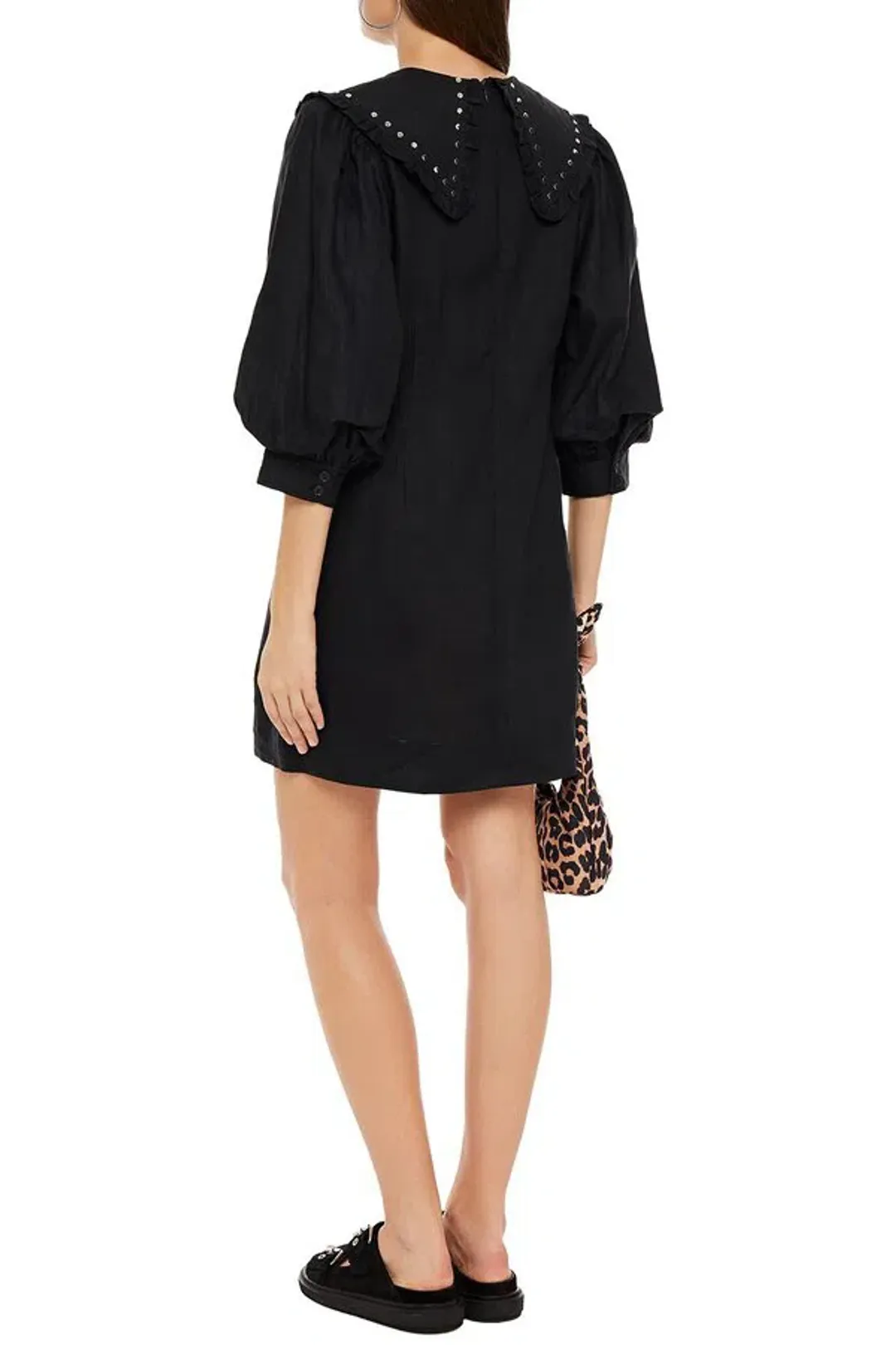 Ganni Studded Linen Mini Dress Black Size 8 for rent on The Volte - main image