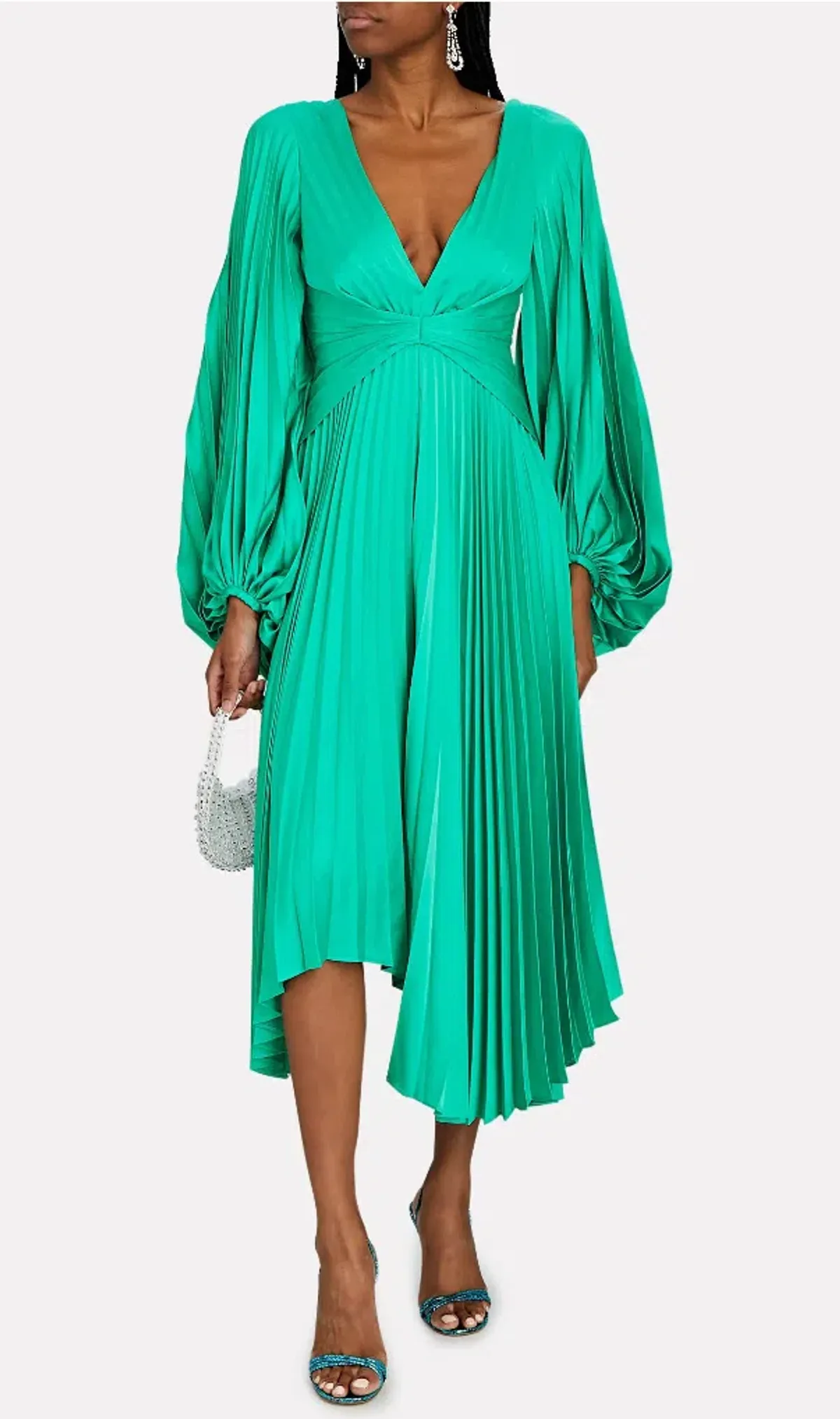 Acler Palms Pleated Satin Midi Dress Green Size 10 for rent on The Volte - main image