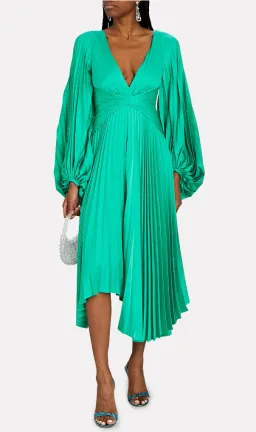 Acler Palms Pleated Satin Midi Dress Green Size 10 for rent on The Volte - image 1