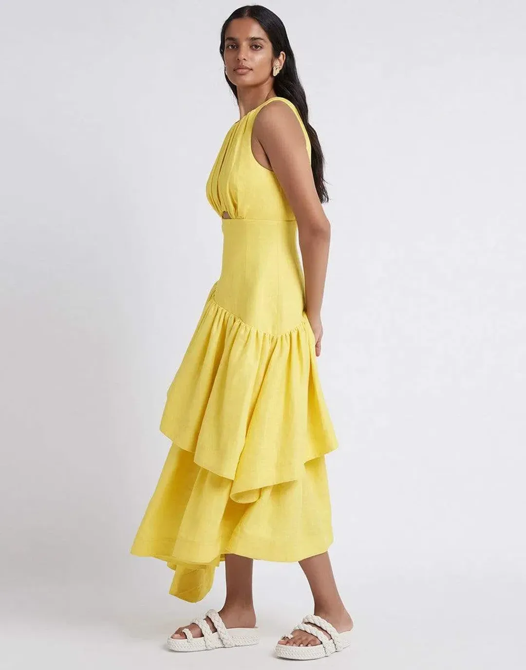 Aje Caliente Tiered Cut Out Midi Dress Yellow Size 14 for rent on The Volte - main image