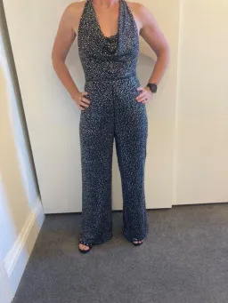 Alice and Olivia Salem Draped Crystal Embellished Halterneck Jumpsuit Black Size 8 for rent on The Volte - image 2