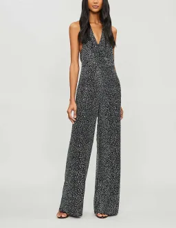 Alice and Olivia Salem Draped Crystal Embellished Halterneck Jumpsuit Black Size 8 for rent on The Volte - image 1