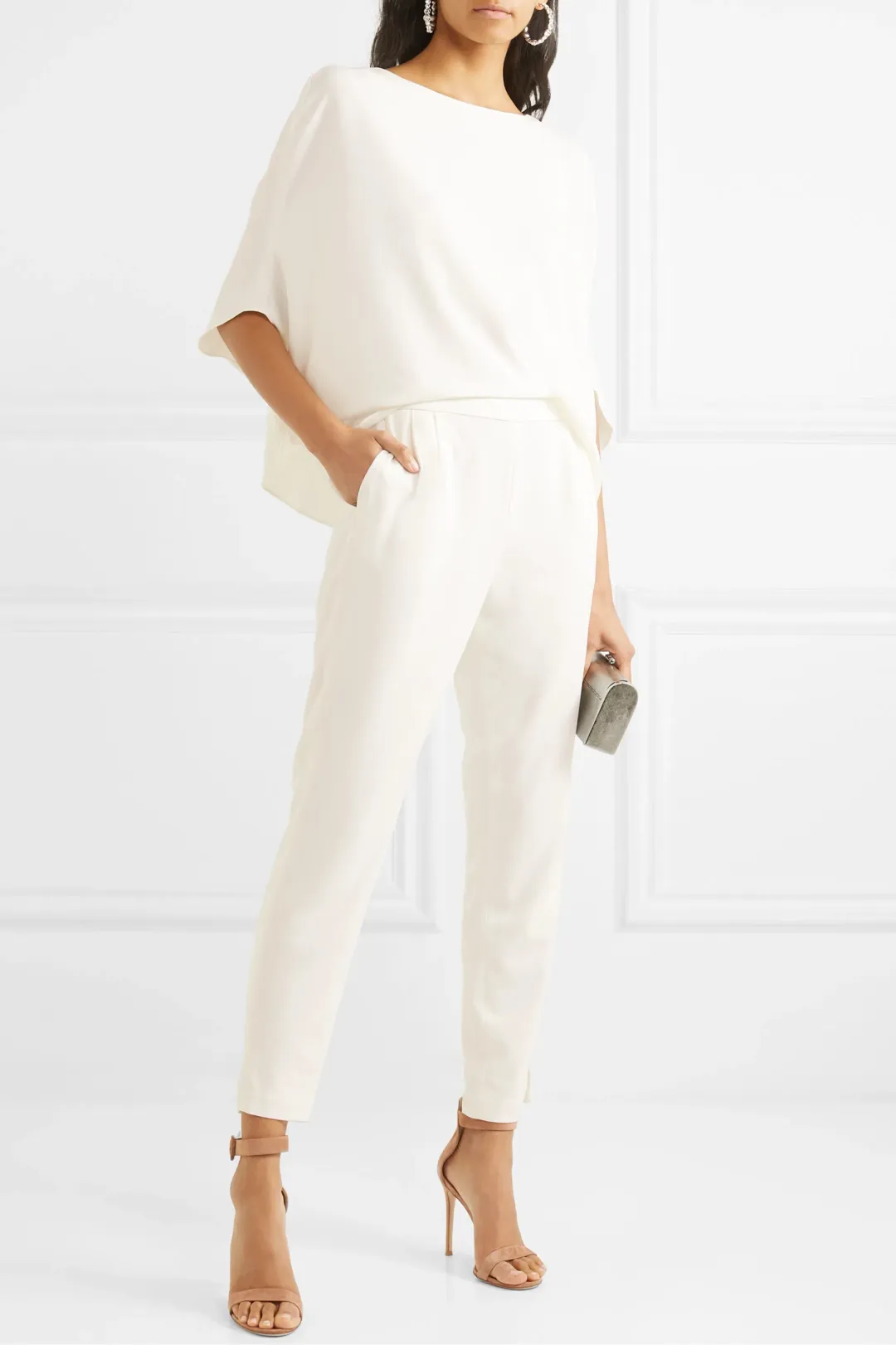 Halston Draped Crepe de Chine Jumpsuit White Size 8 for rent on The Volte - main image