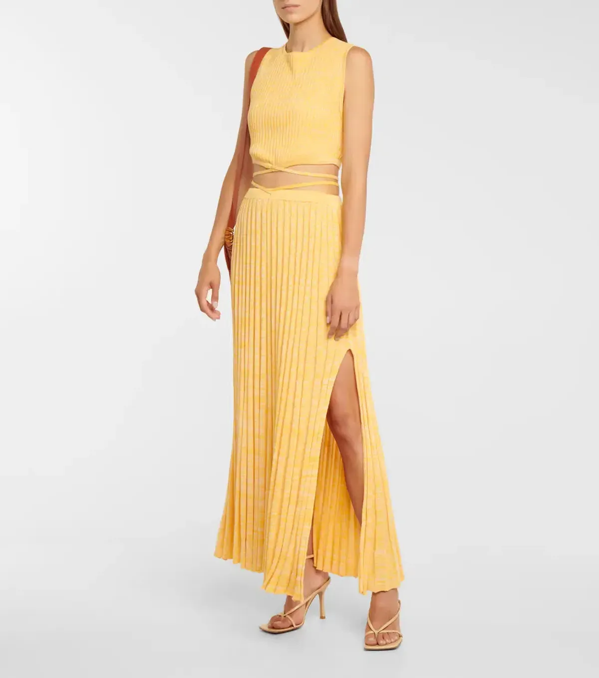 Christopher Esber Wrap Tie Knit Cropped Top and Pleated Knit Tie Midi Skirt Set Yellow Size 4 for rent on The Volte - main image