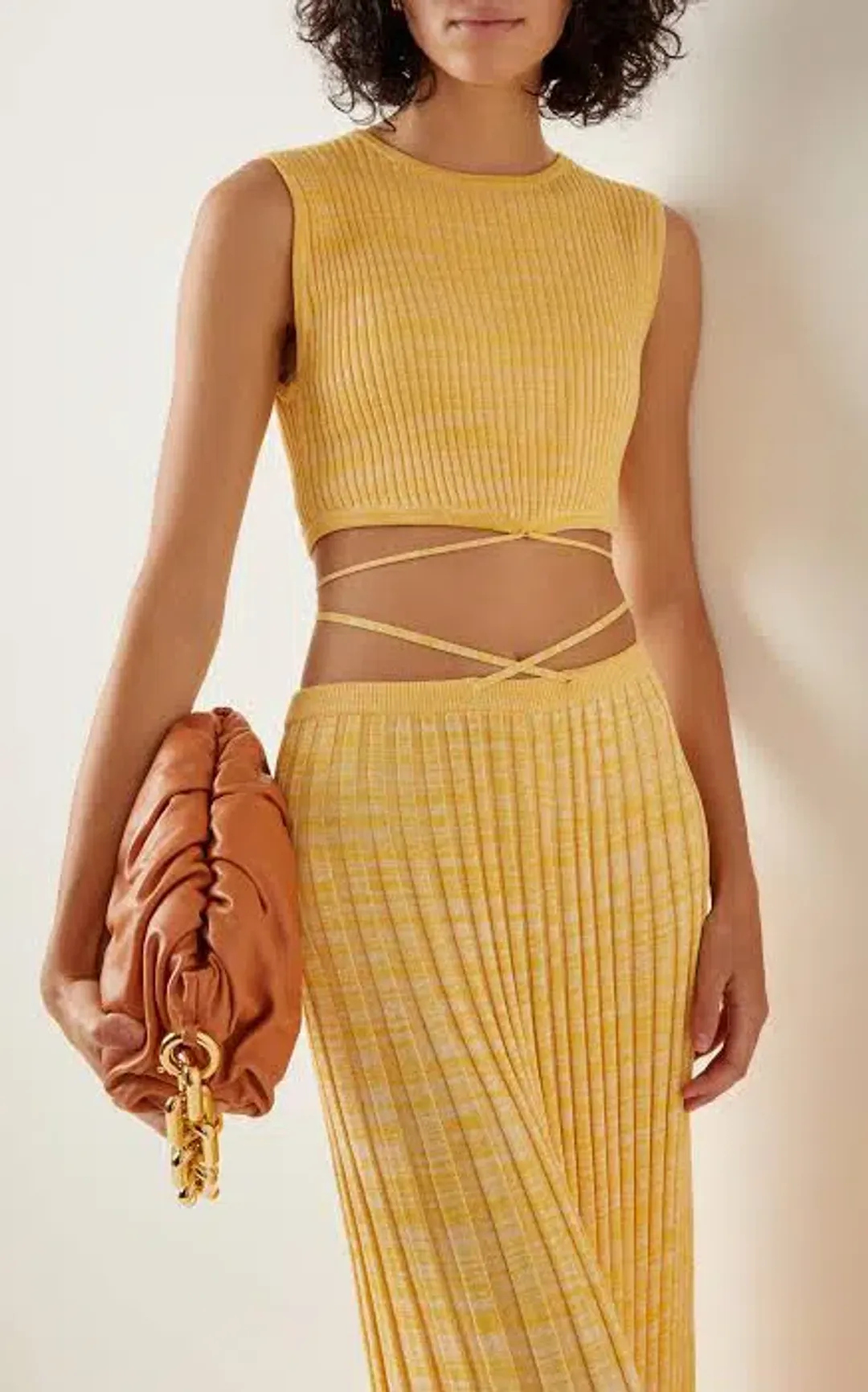 Christopher Esber Wrap Tie Knit Cropped Top and Pleated Knit Tie Midi Skirt Set Yellow Size 4 for rent on The Volte - main image