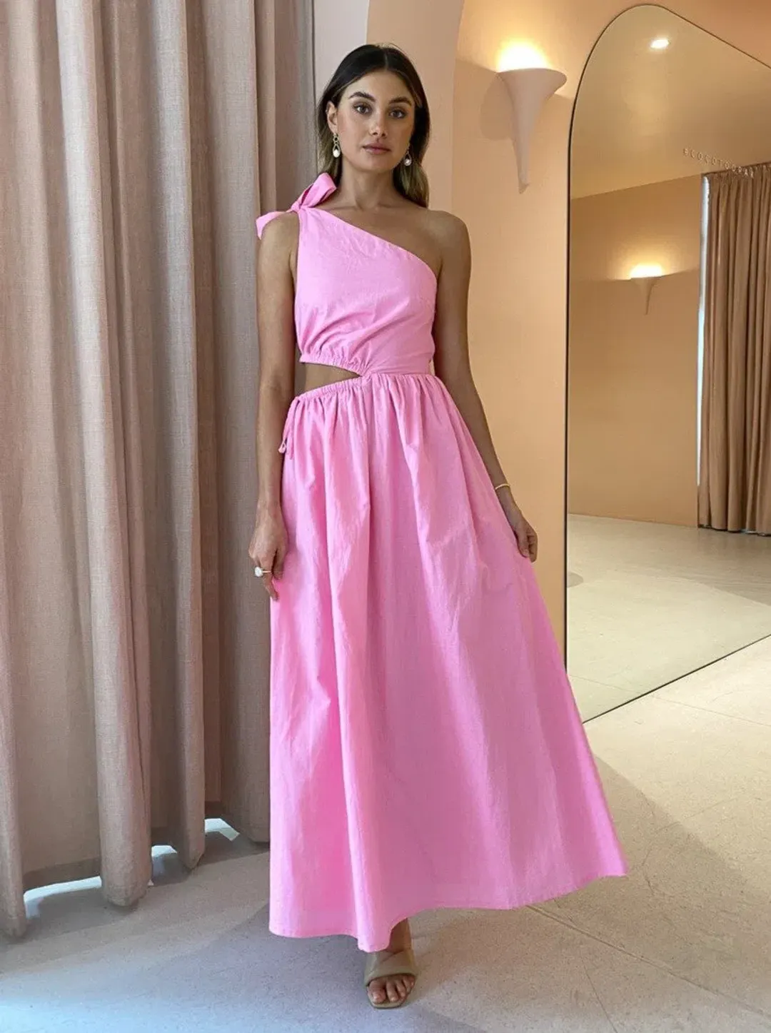 By Nicola Gabriella One Shoulder Midi Dress in Pink Grapefruit Size 6 for rent on The Volte - main image