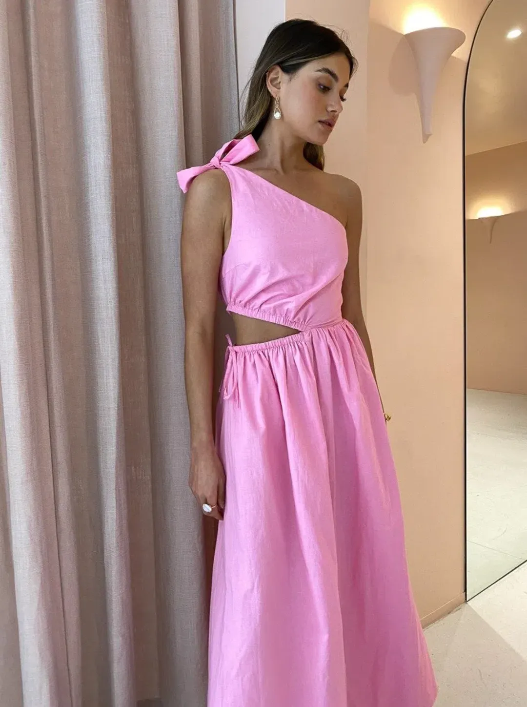 By Nicola Gabriella One Shoulder Midi Dress in Pink Grapefruit Size 6 for rent on The Volte - main image