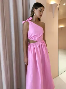 By Nicola Gabriella One Shoulder Midi Dress in Pink Grapefruit Size 6 for rent on The Volte - image 4