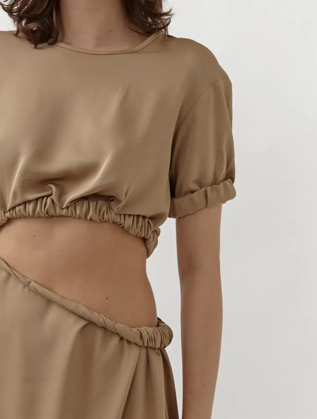 Christopher Esber Rolled Up Tee Dress in Tan Nude Size 8 for rent on The Volte - main image