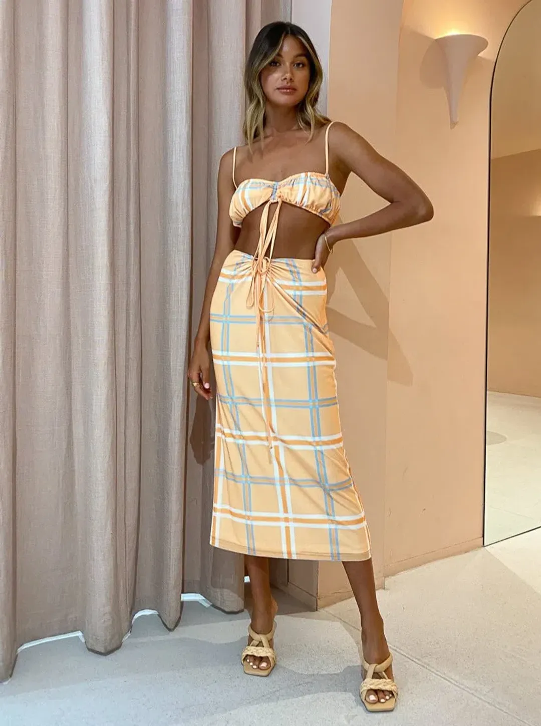 Hansen & Gretel Dalai Top and Saskia Skirt Tangelo Check Orange Size 8 for rent on The Volte - main image