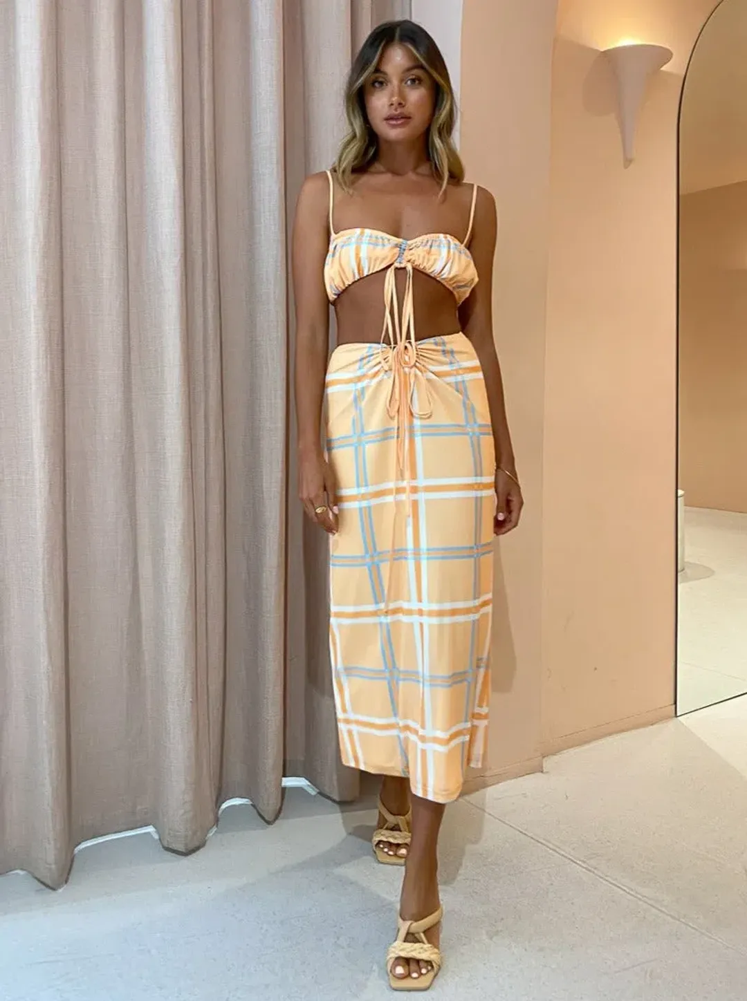 Hansen & Gretel Dalai Top and Saskia Skirt Tangelo Check Orange Size 8 for rent on The Volte - main image