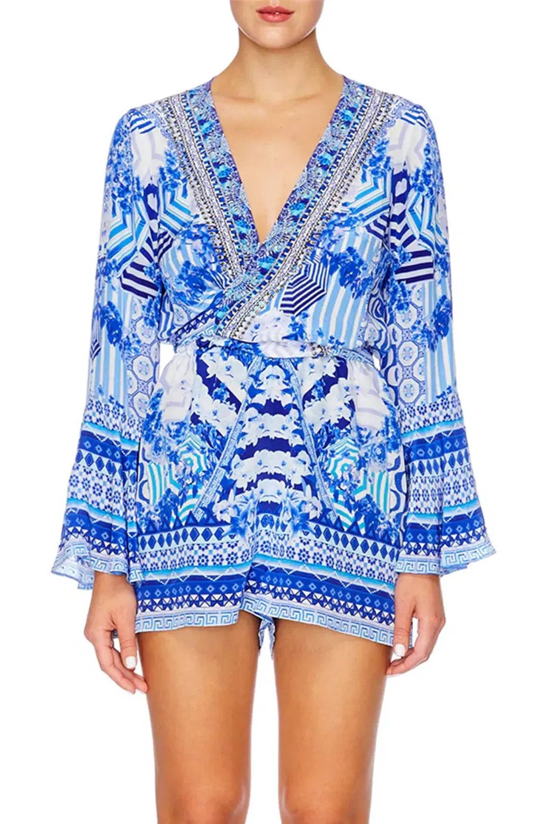 Camilla Throwing Shade Front Tie Playsuit Blue Size 8 for rent on The Volte - main image