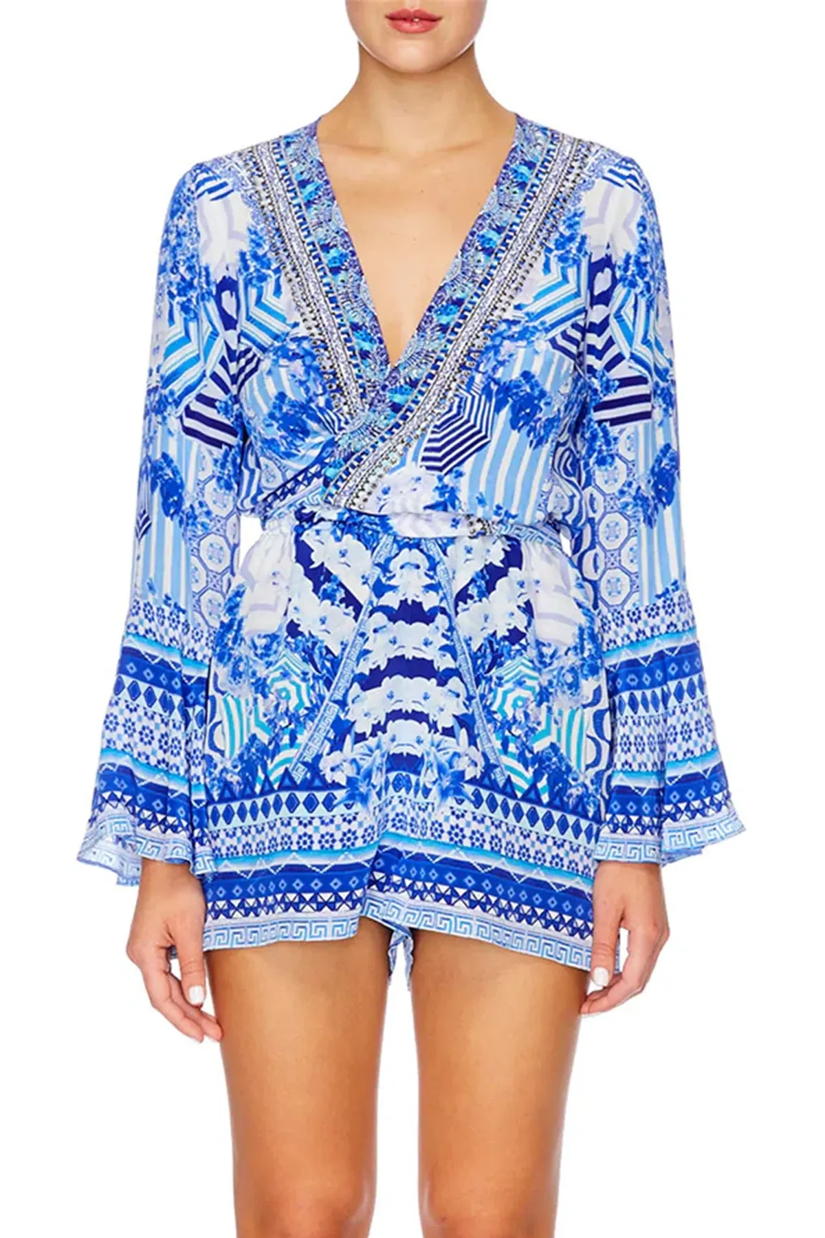 Camilla Throwing Shade Front Tie Playsuit Blue Size 8 for rent on The Volte - main image