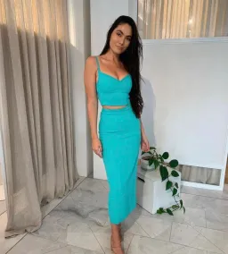 Kookai Oyster Column Skirt and Oyster Panel Top Aqua Green Size 8  for rent on The Volte - image 1