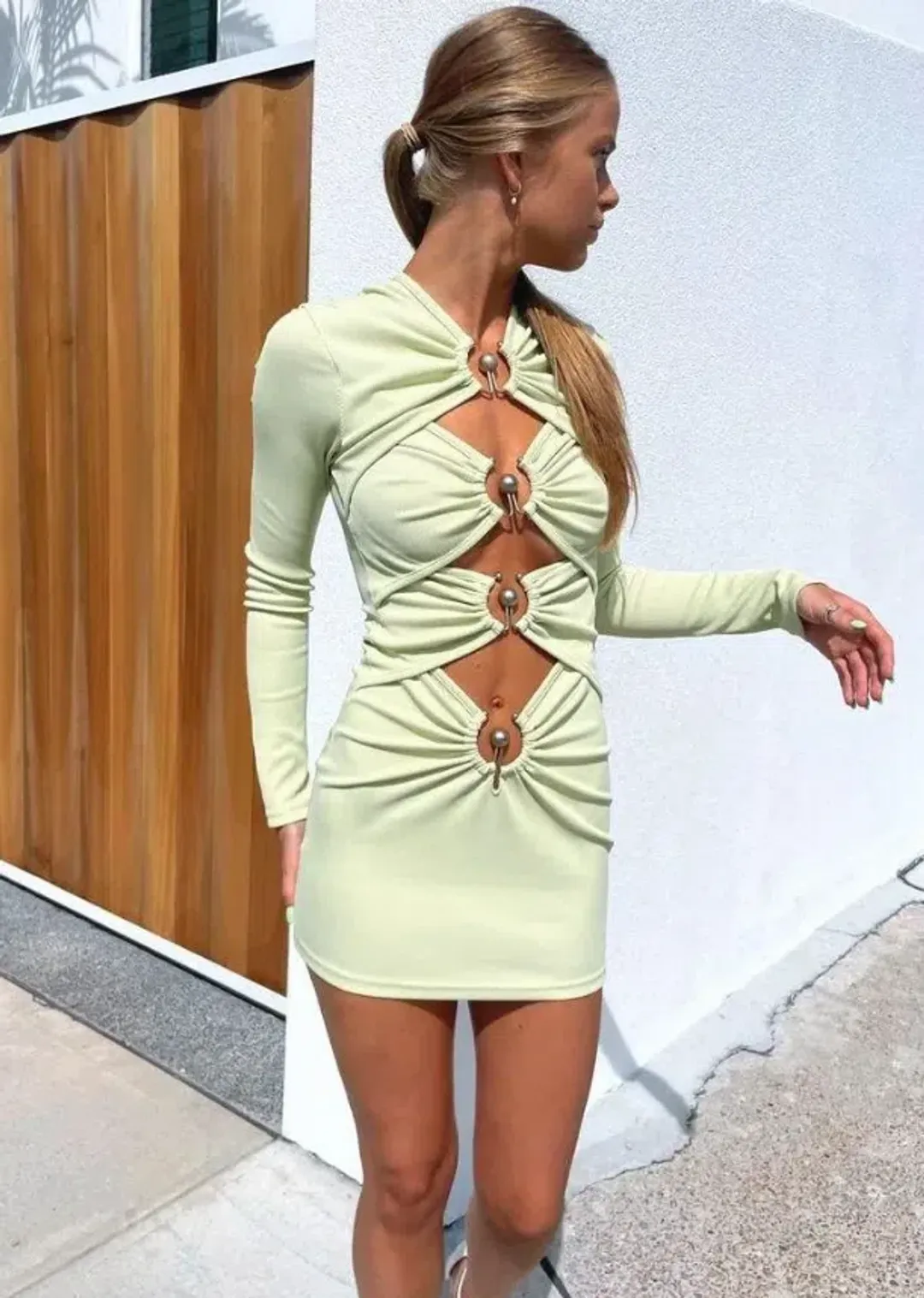 Christopher Esber Ruched Column Long Sleeve Mini Dress Green Size 6 for rent on The Volte - main image