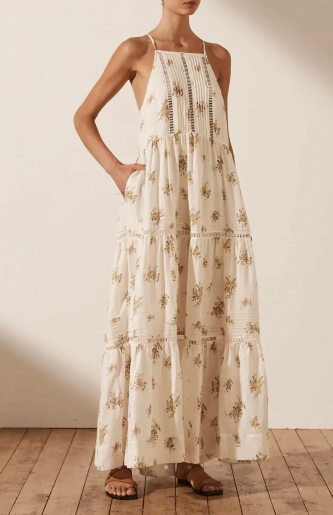 Shona Joy Lila Linen Pin Tuck Sleeveless Maxi Dress Floral Size 10 for rent on The Volte - main image