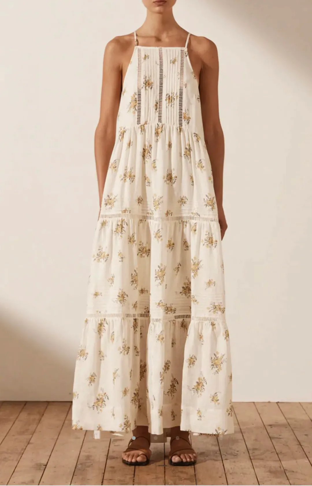 Shona Joy Lila Linen Pin Tuck Sleeveless Maxi Dress Floral Size 10 for rent on The Volte - main image
