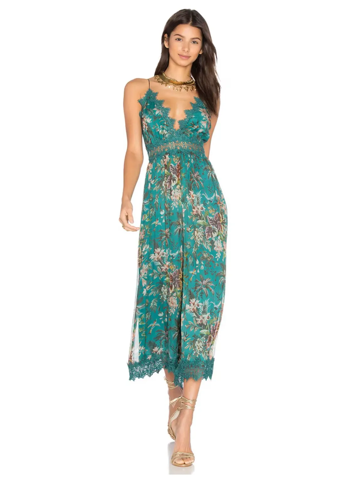 Zimmermann Silk Tropicale Crinkle Jumpsuit Teal Floral Green Size 0 / AU 8 for rent on The Volte - main image