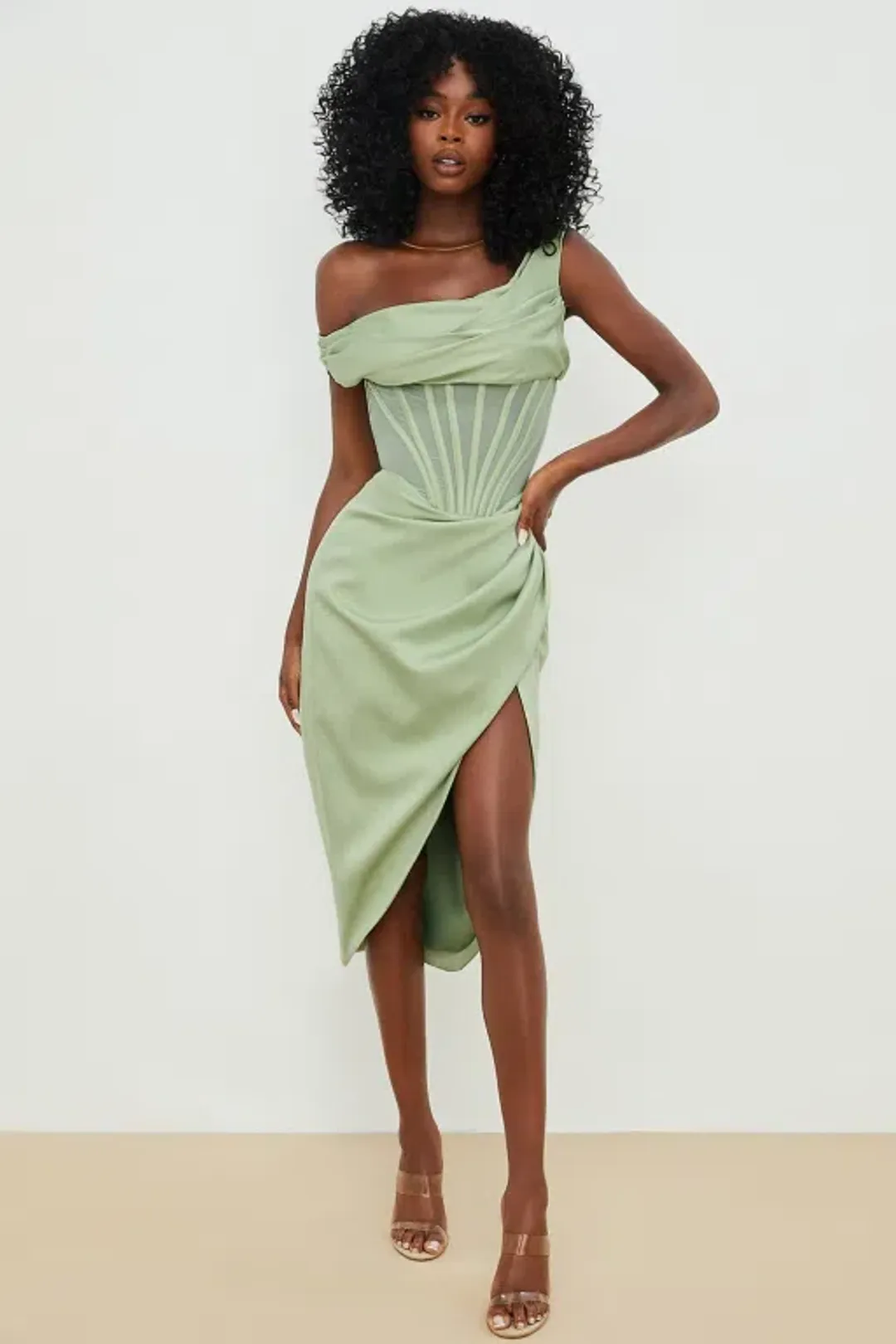 House of CB Lulu Pistachio Asymmetric Drape Corset Midi Dress Green Size 8 for rent on The Volte - main image