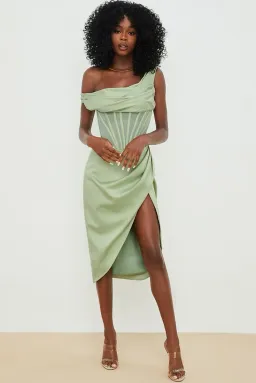 House of CB Lulu Pistachio Asymmetric Drape Corset Midi Dress Green Size 8 for rent on The Volte - image 4