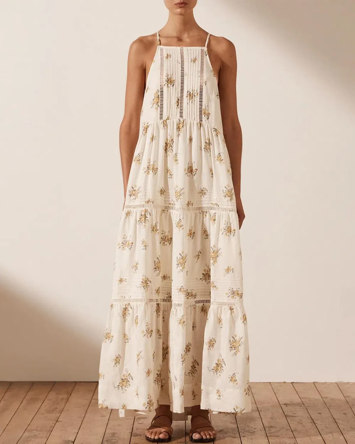 Shona Joy Lila Linen Pin Tuck Sleeveless Maxi Dress Print Size 8  for rent on The Volte - main image