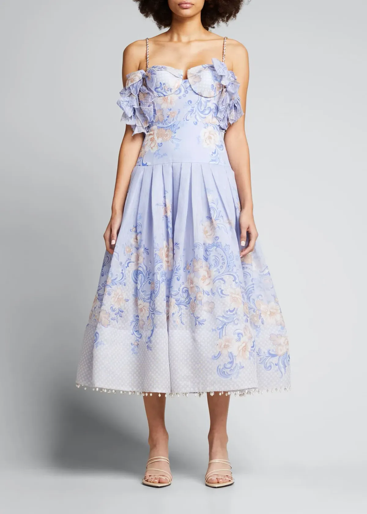 Zimmermann Postcard Bow Bodice Midi Dress Blue Floral Size 1 / Au 10 for rent on The Volte - main image
