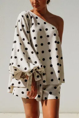 Isabella Longginou Natural Polka Dot Shirt & Short Set Print Size 8 for rent on The Volte - image 3