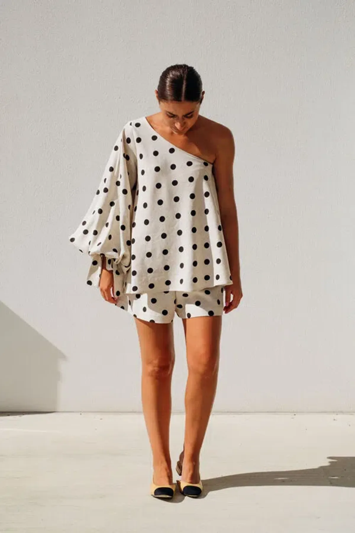Isabella Longginou Natural Polka Dot Shirt & Short Set Print Size 8 for rent on The Volte - main image