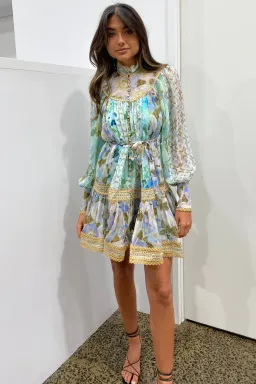 Zimmermann Rhythm Trimmed Billow Mini Dress Aqua Mixed Print Size 8 for rent on The Volte - image 3