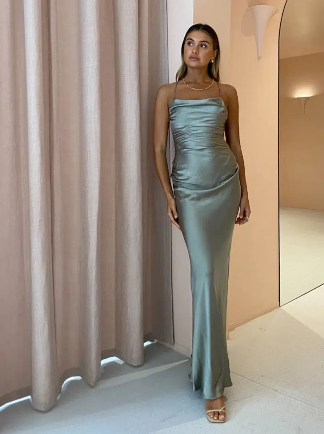 Shona Joy La Lune Backless Lace-Up Maxi Dress - Sage Green - Size 8 for rent on The Volte - main image