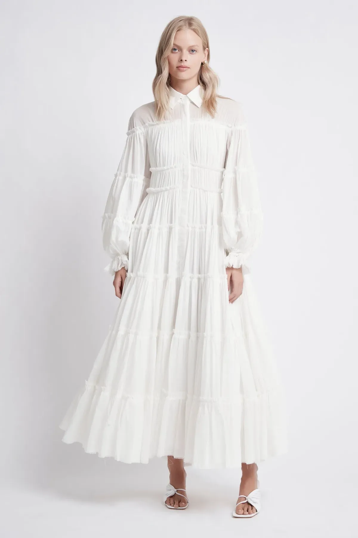 Aje Serenity Cutout Tiered Cotton Shirt Dress White Size 10  for rent on The Volte - main image