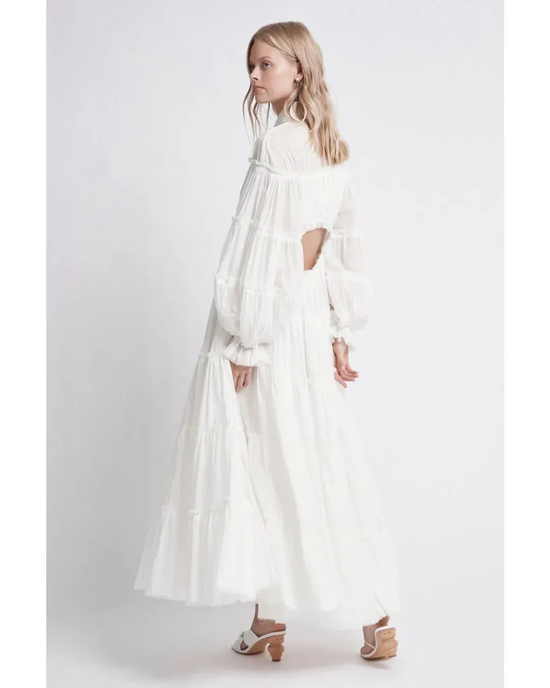 Aje Serenity Cutout Tiered Cotton Shirt Dress White Size 10  for rent on The Volte - main image