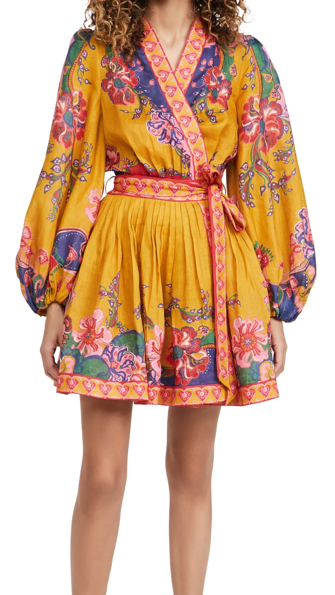 Zimmermann Lovestruck Wrap Mini Dress Gold Paisley Floral Size 3 for rent on The Volte - main image