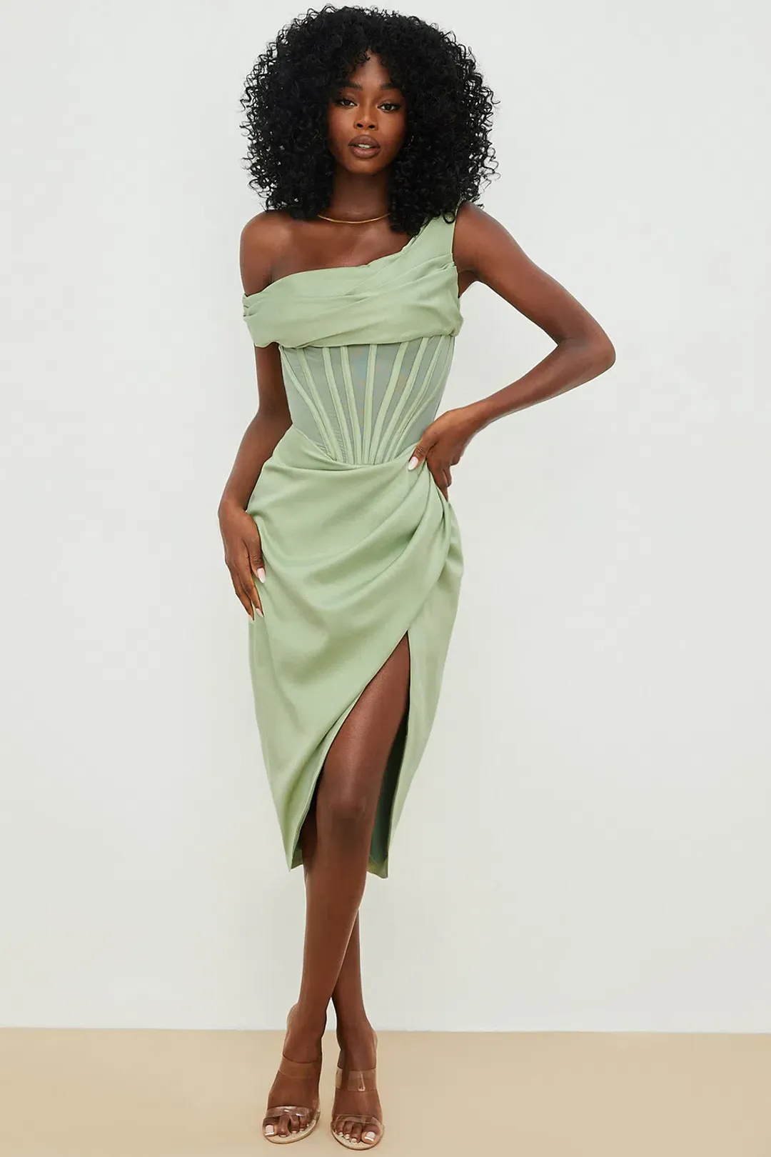 House of CB Lulu Asymmetric Drape Corset Midi Dress Green Size 8  for rent on The Volte - main image