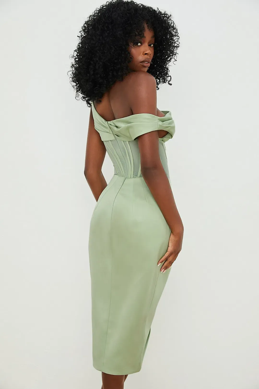 House of CB Lulu Asymmetric Drape Corset Midi Dress Green Size 8  for rent on The Volte - main image