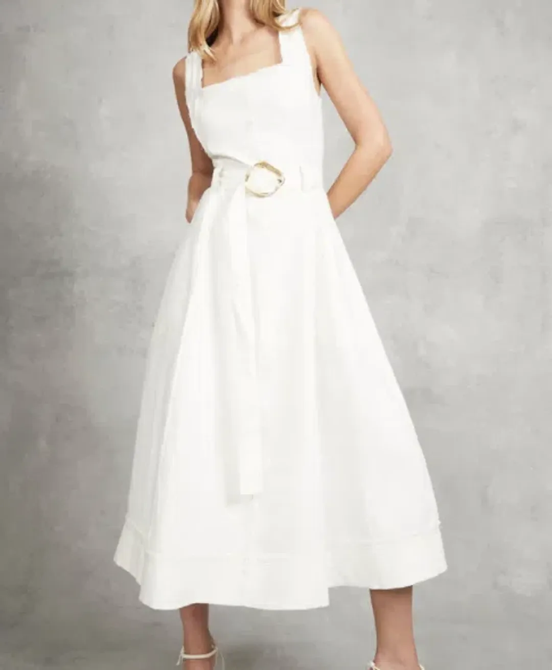 Aje Byblos Linen Belted Midi Dress White Size 6 for rent on The Volte - main image