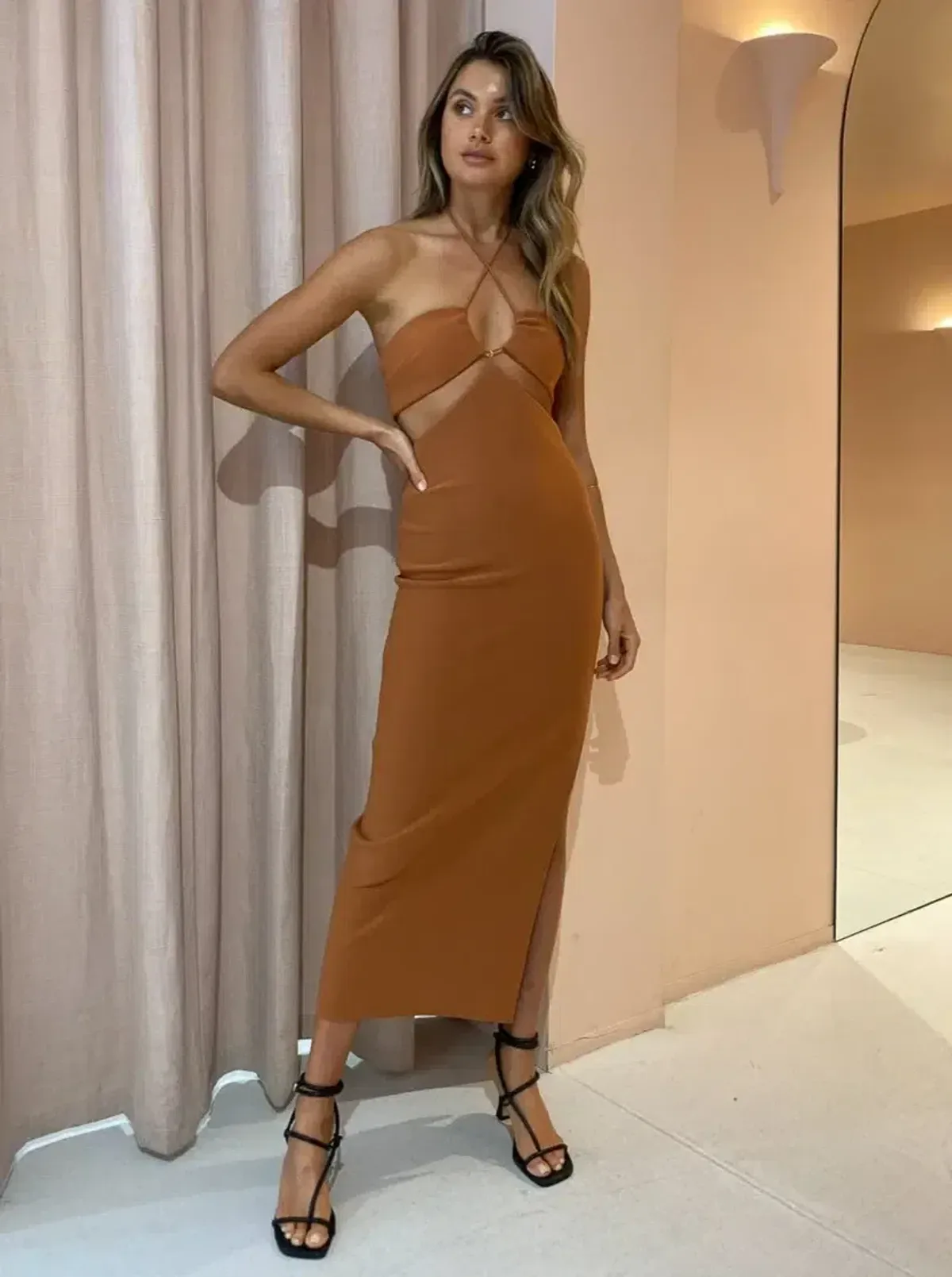 Bec and Bridge Alba Midi Dress Brown Size 6 for rent on The Volte - main image