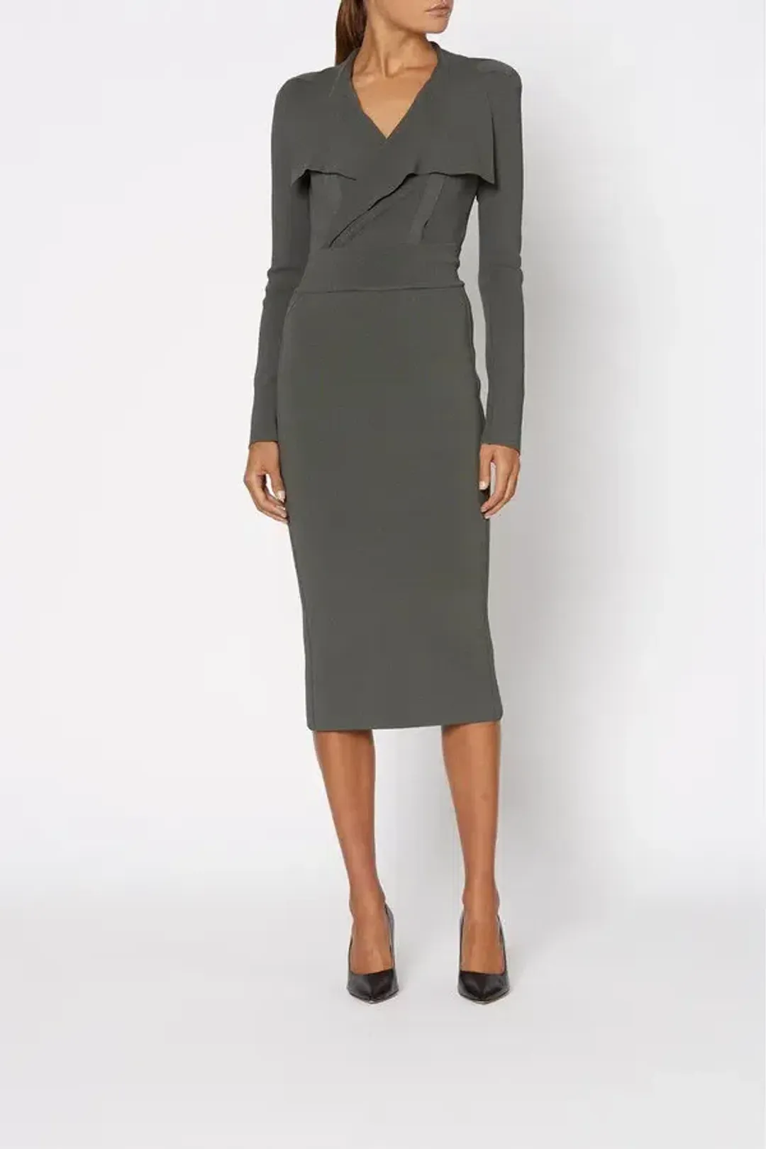 Scanlan Theodore Crepe Knit Drape Front Dress Safari Size M for rent on The Volte - main image